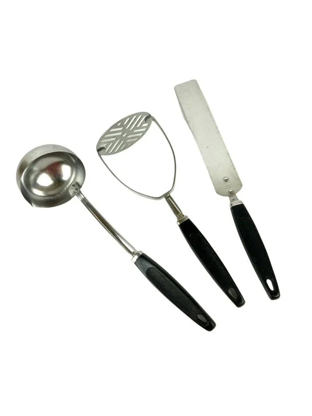 Ekco Kitchen Utensil Lot of 3 Ladle Masher Spreader Stainless Steel Black Handle